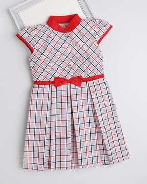 checked fit & flare dress with contrast bow