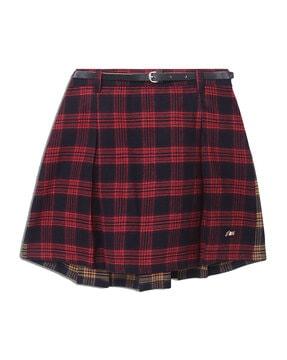 checked flared skirt with belt