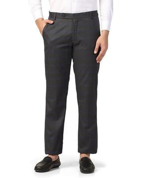 checked flat-front trousers with insert pockets