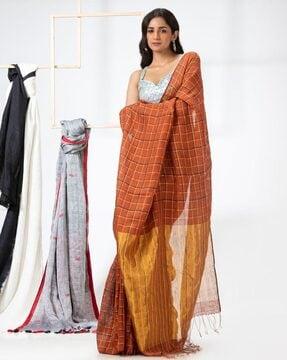 checked handloom linen saree with blouse piece