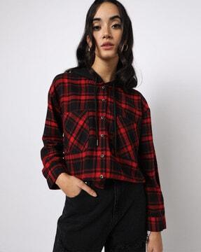 checked hooded shirt with patch pockets