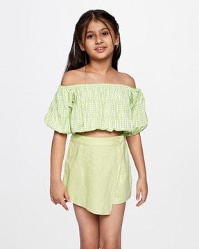 checked off-shoulder crop top with puff sleeves