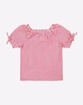 checked off-shoulder top with raglan sleeves