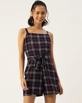 checked playsuit with tie-up waist