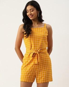checked playsuit with tie-up waist