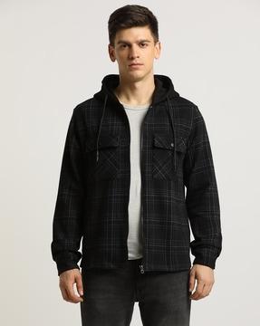 checked regular fit hooded jacket
