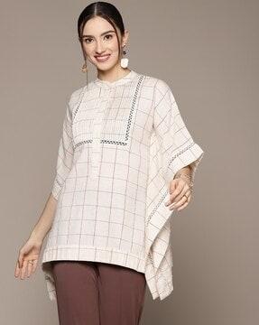 checked round-neck tunic with kaftan sleeves