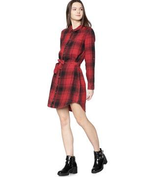 checked shirt dress with fabric belt