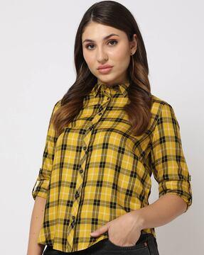 checked shirt with roll-up tabs