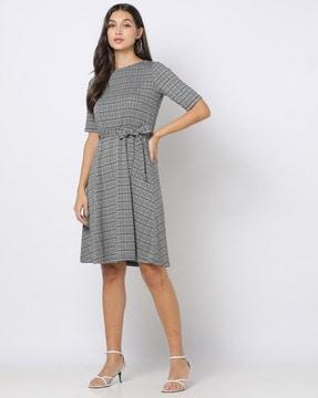 checked skater dress with tie-up waist
