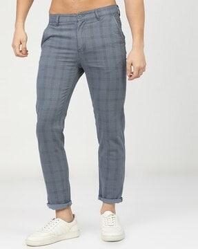 checked slim fit flat-front chino trousers