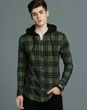 checked-slim-fit-hooded-shirt