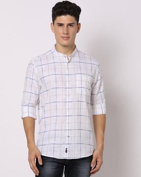 checked slim fit shirt with band collar