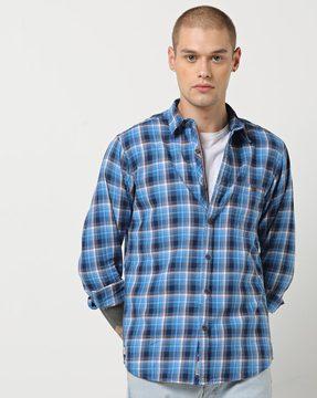 checked slim fit shirt with buttoned-patch pocket