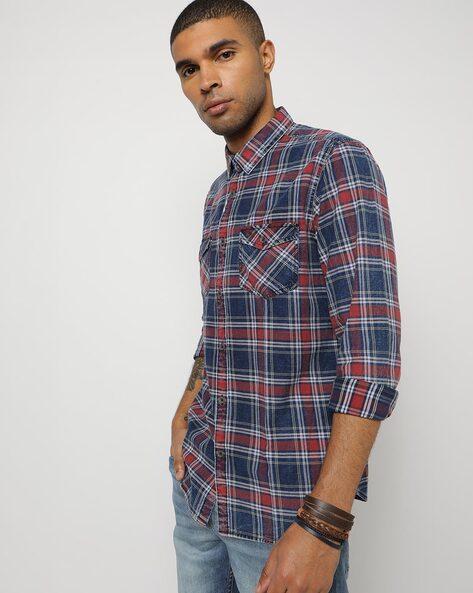 checked slim fit shirt with flap pockets