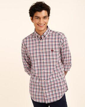 checked slim fit shirt with logo embroidery
