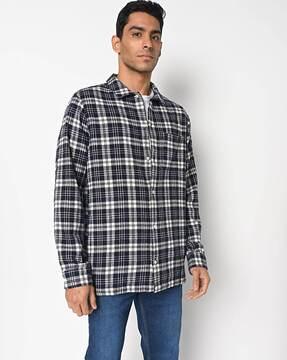 checked slim fit shirt with patch collar