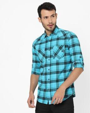checked slim fit shirt with patch pockets