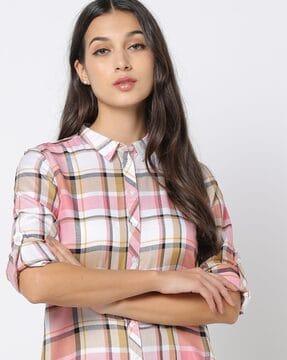 checked slim fit shirt with roll-up sleeves