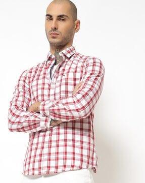 checked spread-collar shirt with patch pocket
