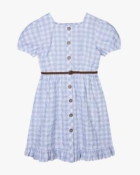 checked square-neck fit & flare dress