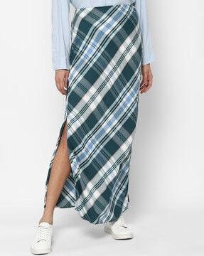 checked straight skirt with side slit