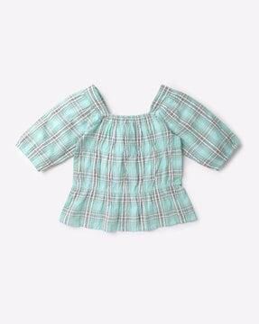 checked top with puff sleeves