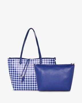 checked tote bag with detachable pouch