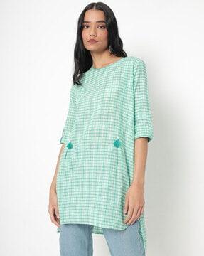 checked tunic with high-low hemline