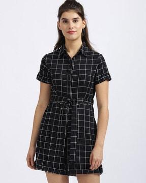 checked waist tie-up playsuit