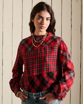 checked woven top with band-collar