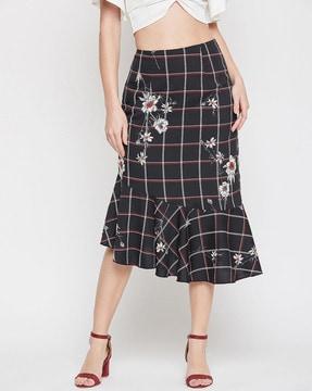 checked  a-line skirt with asymmetrical hem