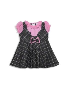 checked a-line dress with bow accent
