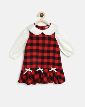 checked a-line dress with bow accent