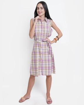 checked a-line dress with collar neck