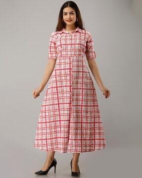 checked a-line dress with roll-up sleeves