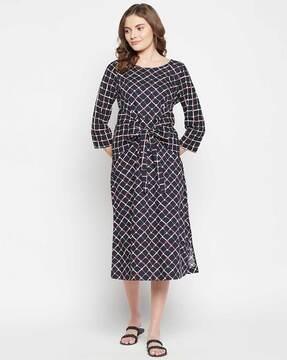 checked a-line dress with tie-up waist