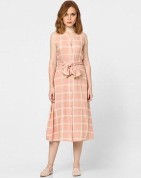 checked a-line dress with tie-up