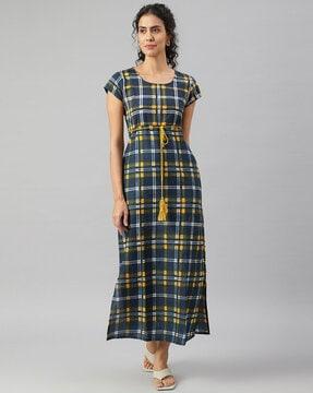 checked a-line dress with waist tie-up