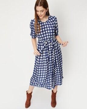 checked a-line dress with waist tie-up