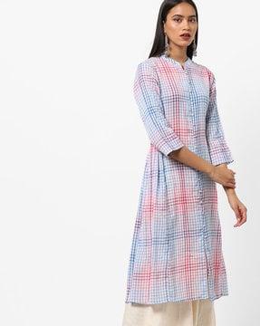 checked a-line kurta with mandarin collar