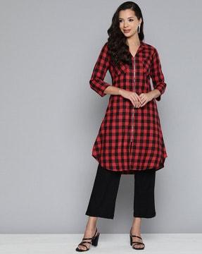 checked a-line kurta with patch pockets