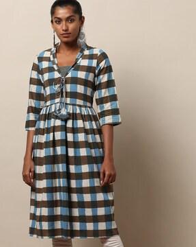 checked a-line tunic with shawl collar