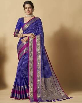 checked banarasi saree with contrast border