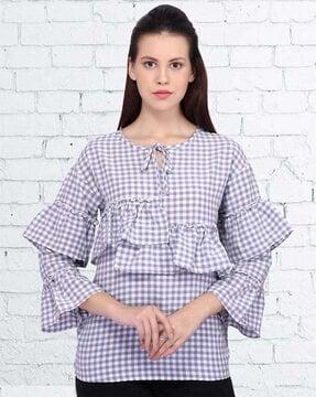 checked bell-sleeve top