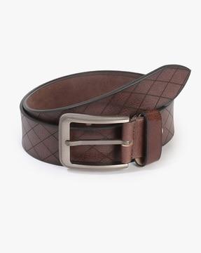 checked belt with tang-buckle closure