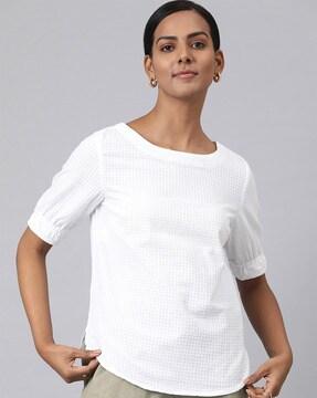 checked boat-neck cotton top