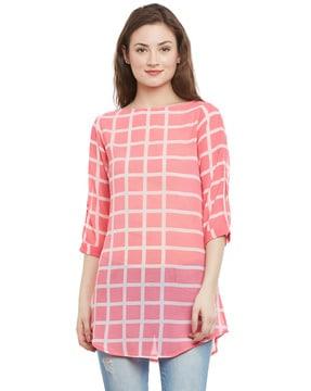 checked boat-neck tunic with curved hem