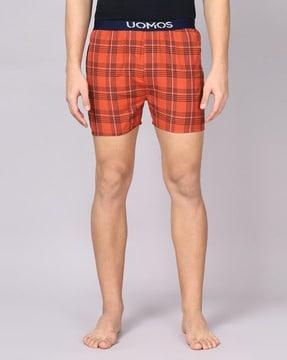 checked boxers with brand print waistband