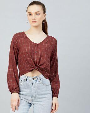 checked button-down blouse